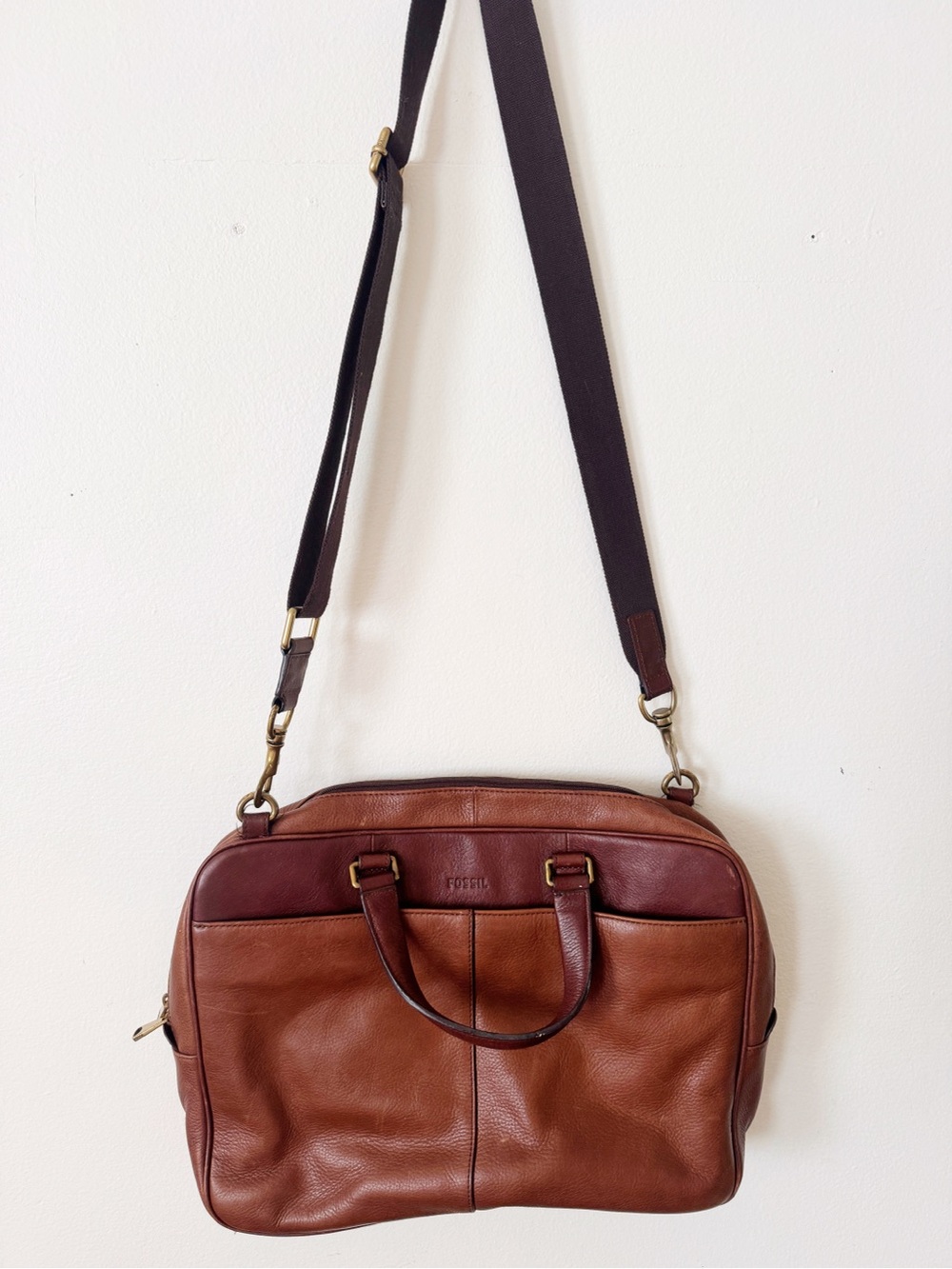 Fossil Two-Tone Brown Leather Laptop Bag with Shoulder Strap
